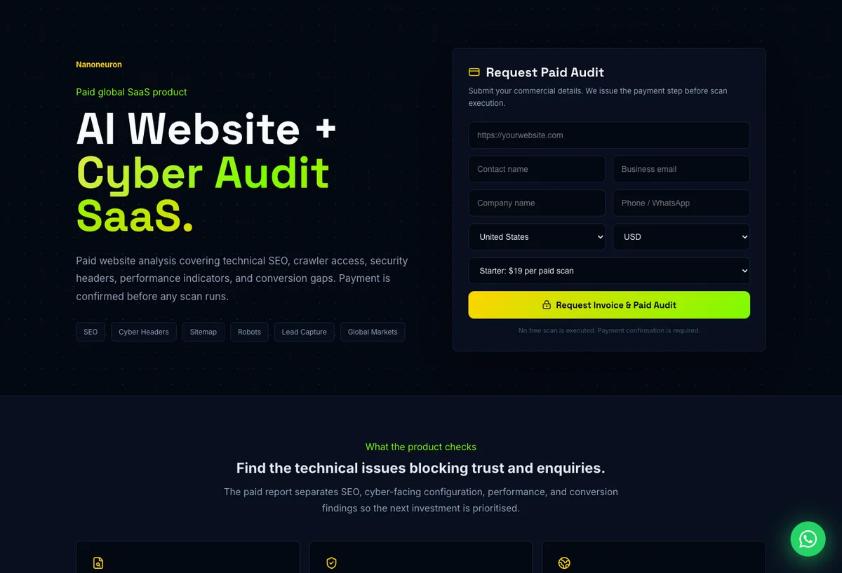 Nanoneuron paid AI Website and Cyber Audit request interface